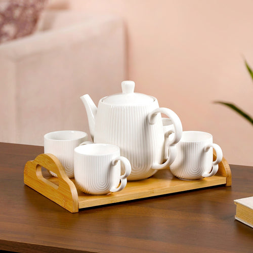 Art Deco Style Ceramic Tea Set With Wooden Serving Tray