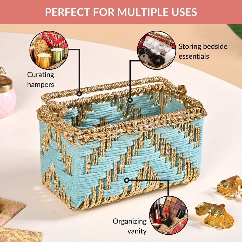 Artisanal Organiser And Hamper Basket Blue And Gold