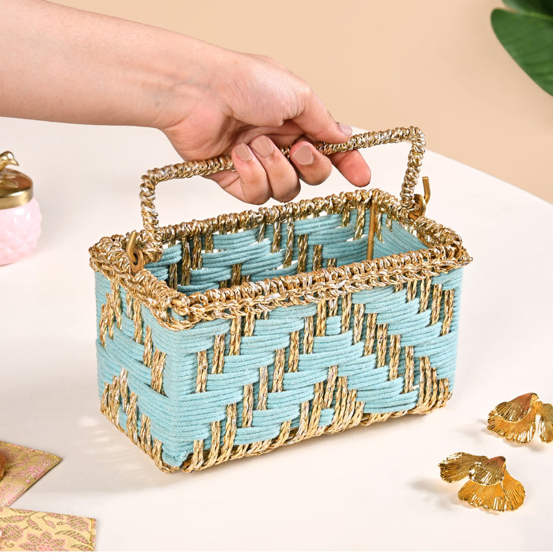 Artisanal Organiser And Hamper Basket Blue And Gold
