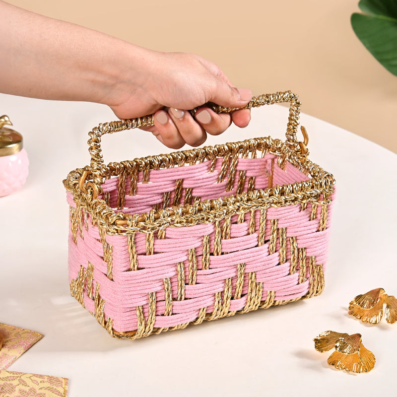 Artisanal Organiser And Hamper Basket Pink And Gold