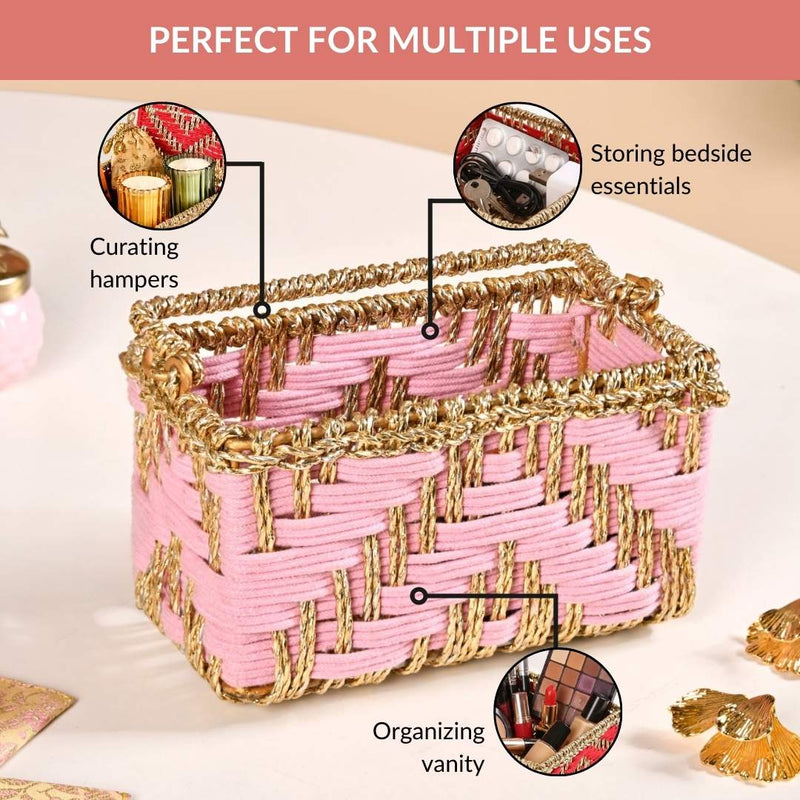 Artisanal Organiser And Hamper Basket Pink And Gold