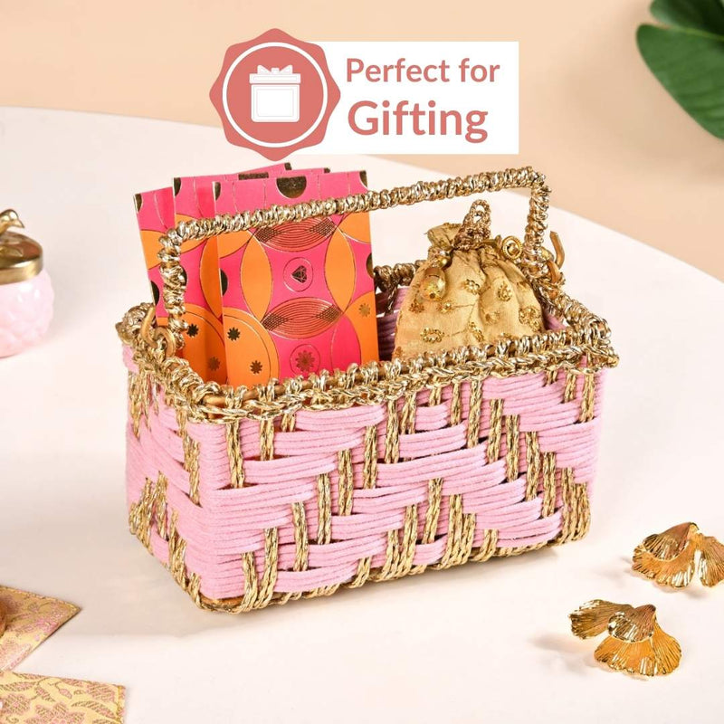 Artisanal Organiser And Hamper Basket Pink And Gold