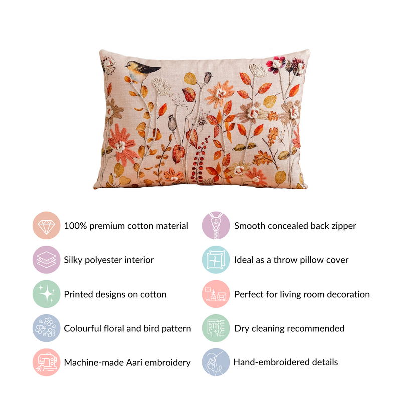 Autumn Allure Embroidered Cushion Cover For Home Decor 20x14 Inch