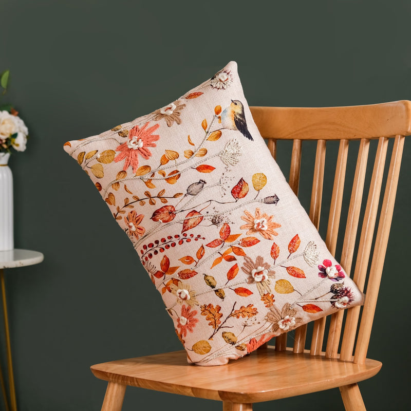 Autumn Allure Embroidered Cushion Cover For Home Decor 20x14 Inch