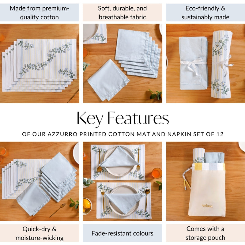 Azzurro Printed Cotton Mat And Napkin Set Of 12