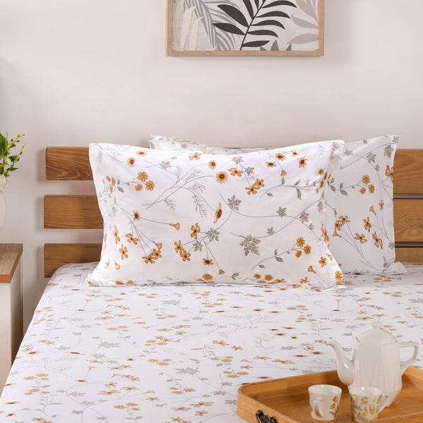 Yellow Floral Printed 180 TC Pure Cotton Bedding Set For King Size Bed 275x275 cm