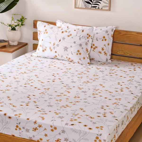 Yellow Floral Printed 180 TC Pure Cotton Bedding Set For King Size Bed 275x275 cm