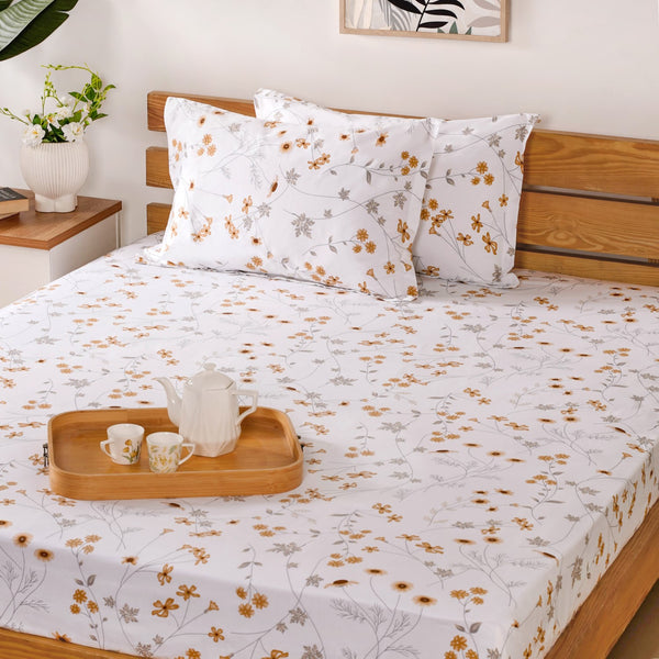 Yellow Floral Printed Cotton Bedding Set For King Size Bed