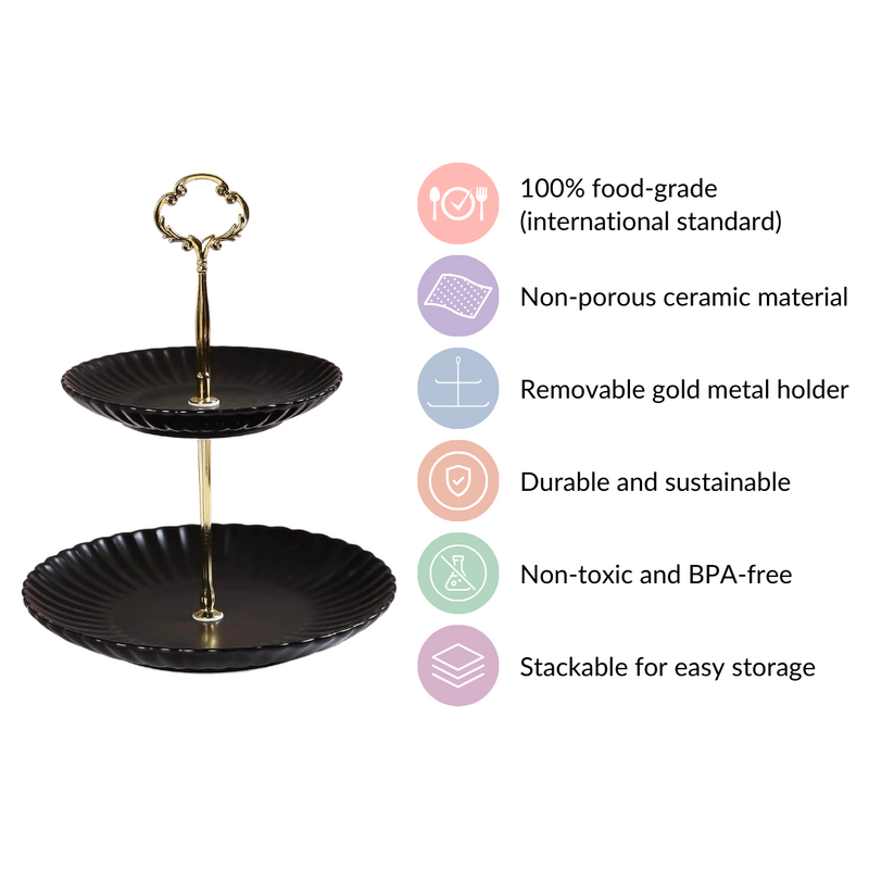 Black and Gold 2-Tier Ceramic Cupcake Stand