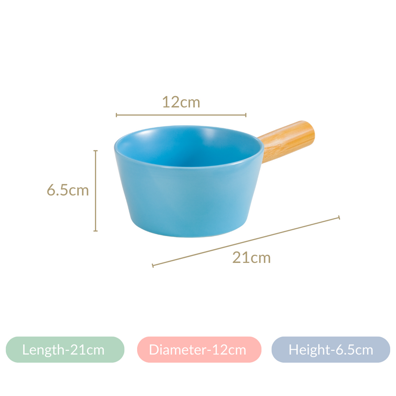 Ceramic Bowl With Wooden Handle Blue 450 ml - Serving bowl, bowl with handle, ceramic bowl with handle, blue bowl