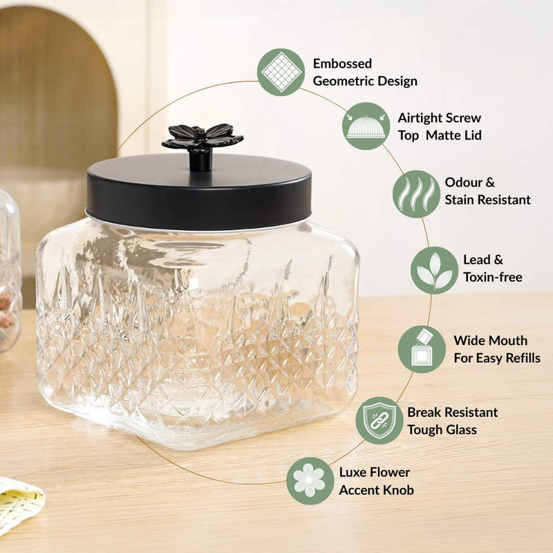Embossed Jar With Flower Knob Set Of 4 Matte Black 1300ml