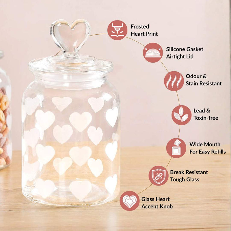 Glass Heart Knob Jar Set Of 4 1000ml