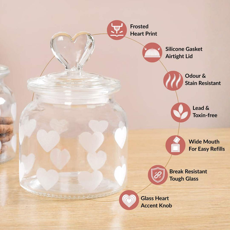 Glass Heart Knob Jar Set Of 4 700ml