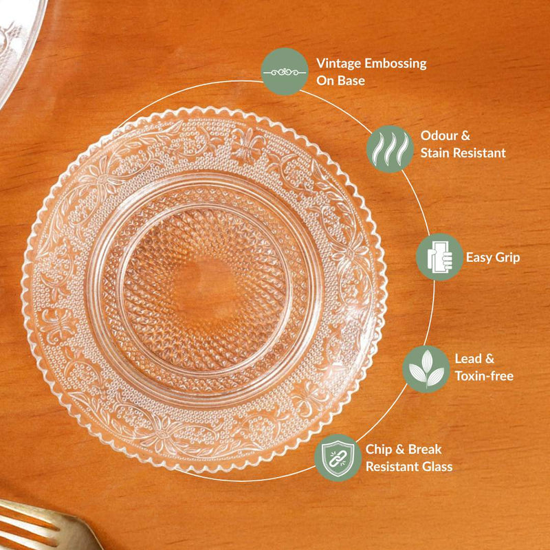 Embossed Glass Dessert Plate Set Of 6 Small 15cm