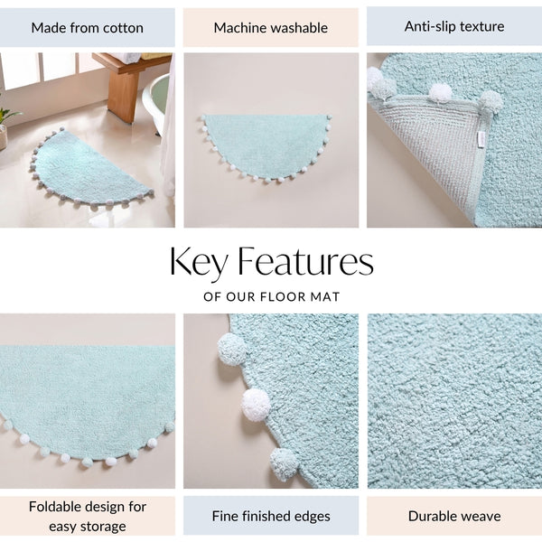 Baby Blue Pom Pom Tufted Cotton Anti Slip Floor Mat 88x47cm