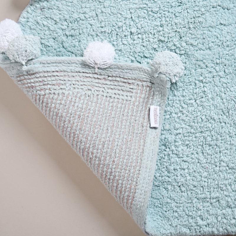Baby Blue Pom Pom Tufted Cotton Anti Slip Floor Mat 88x47cm