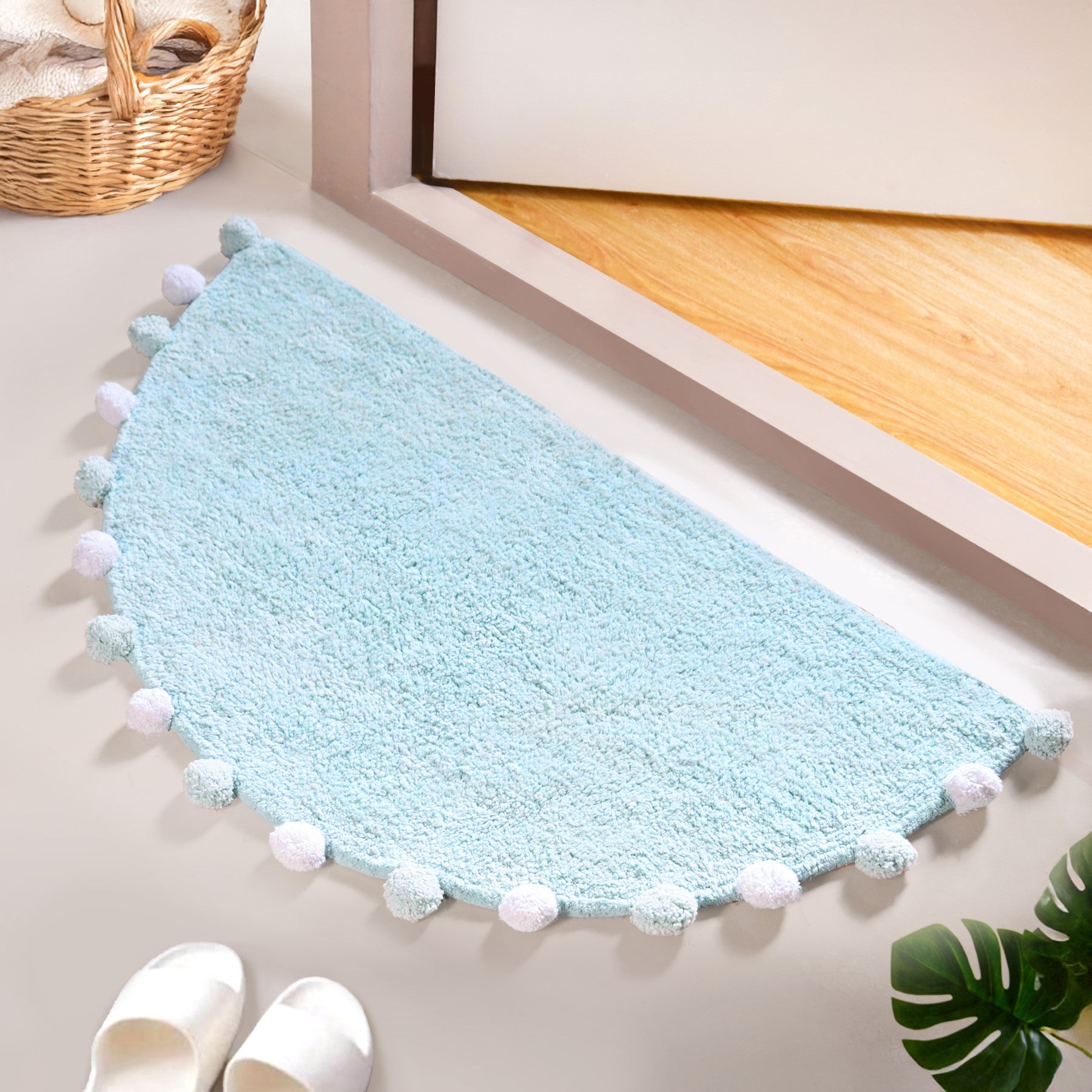 Baby Blue Pom Pom Tufted Cotton Anti Slip Floor Mat 88x47cm