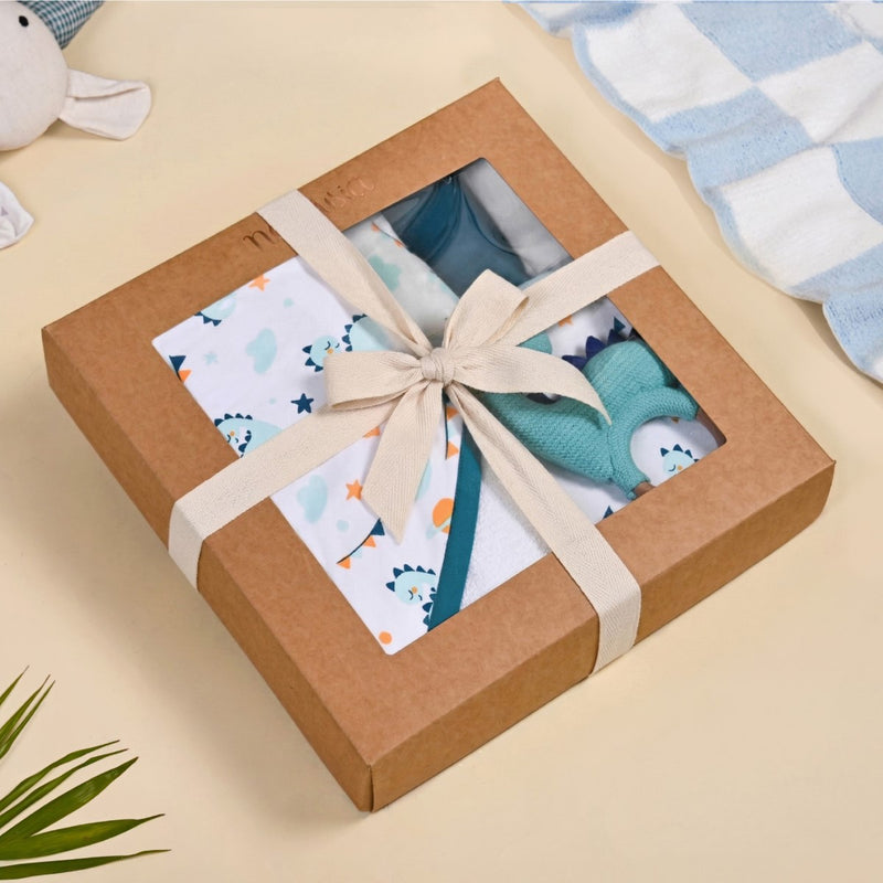 Baby Dino Gift Hamper With Towel Swaddle Napkin Rattle Set Of 6