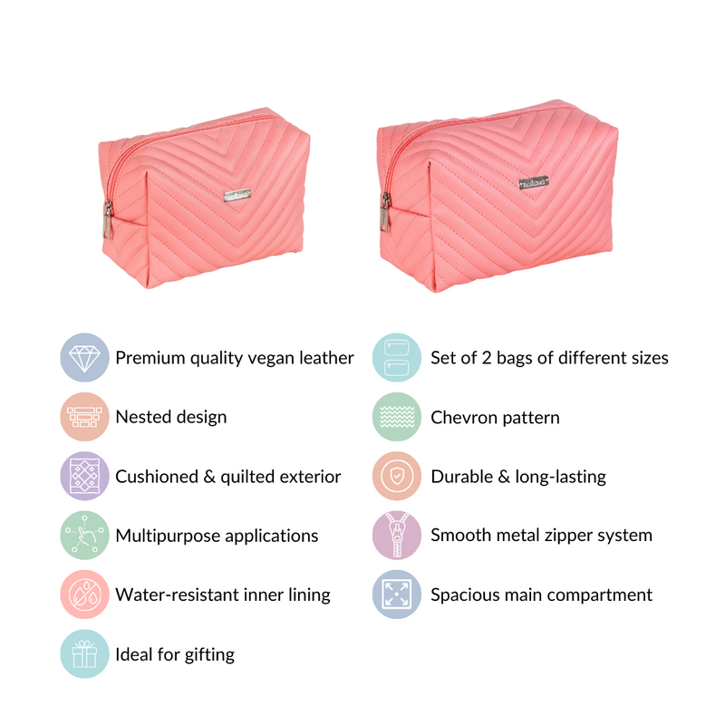 Peach Pink Vegan Leather Makeup Pouch Set Of 2