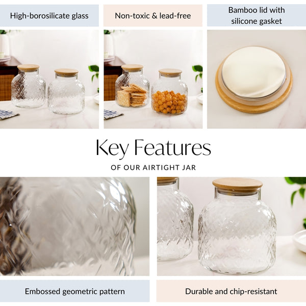Diamond Glass Storage Jars with Bamboo Lid Set of 2 1400ml