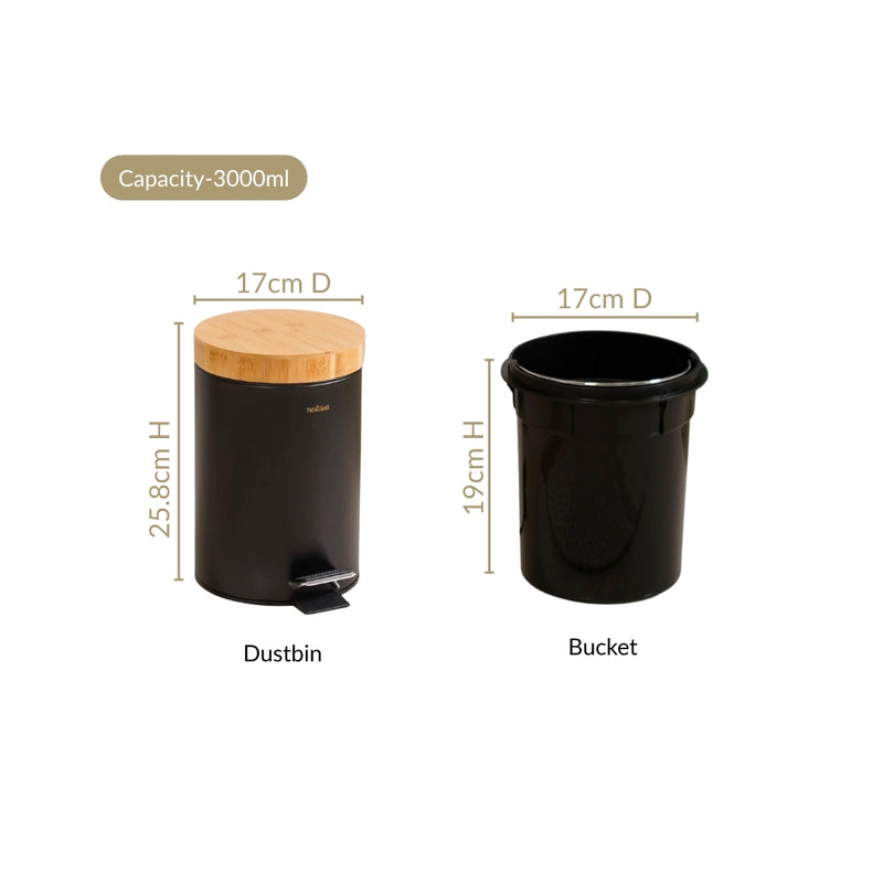 Bamboo Lid Metal Dustbin With Bucket Black 3000ml