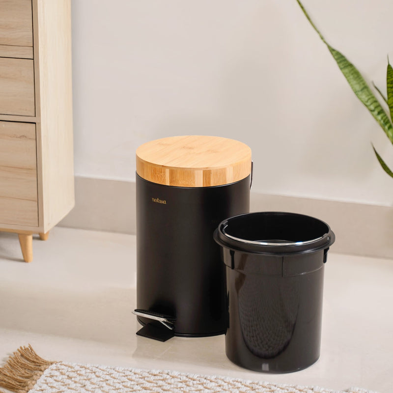 Bamboo Lid Metal Dustbin With Bucket Black 3000ml