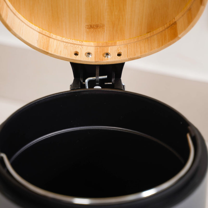Bamboo Lid Metal Dustbin With Bucket Black 3000ml