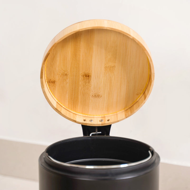 Bamboo Lid Metal Dustbin With Bucket Black 3000ml