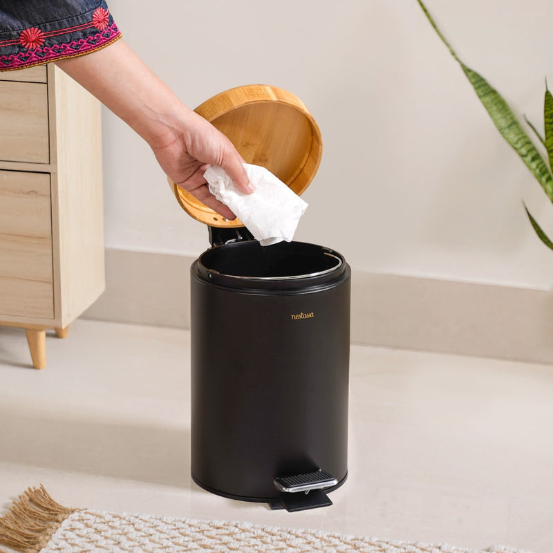Bamboo Lid Metal Dustbin With Bucket Black 3000ml
