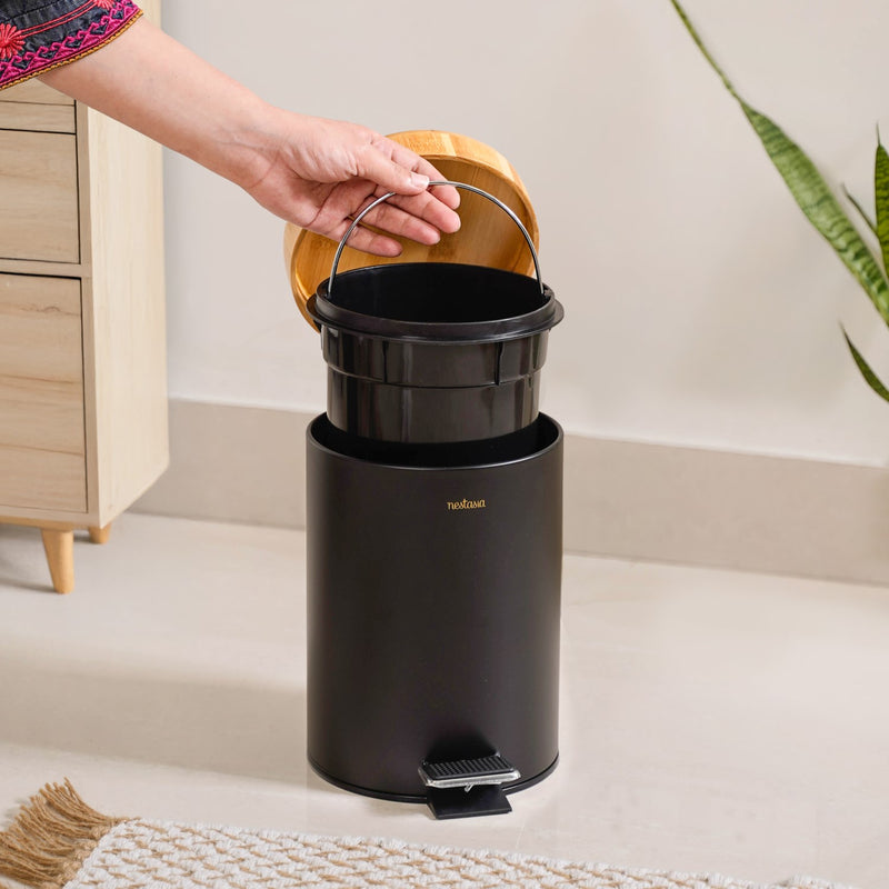 Bamboo Lid Metal Dustbin With Bucket Black 3000ml