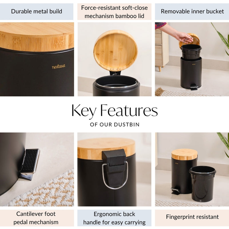 Bamboo Lid Metal Dustbin With Bucket Black 3000ml