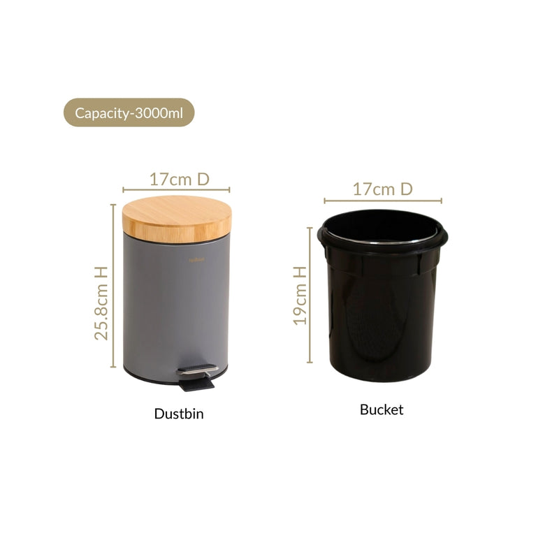 Bamboo Lid Metal Dustbin With Bucket Grey 3000ml
