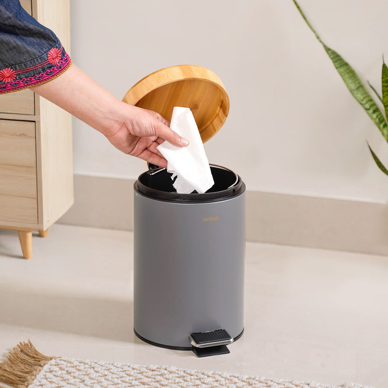 Bamboo Lid Metal Dustbin With Bucket Grey 3000ml