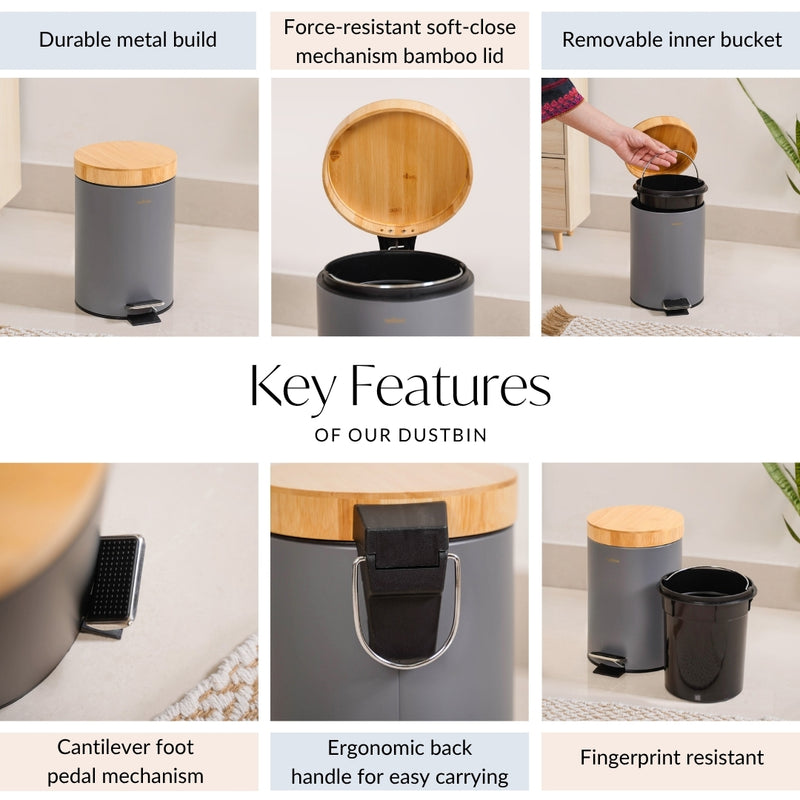 Bamboo Lid Metal Dustbin With Bucket Grey 3000ml