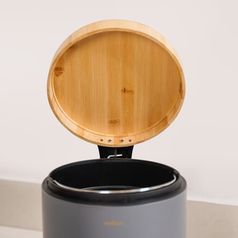 Bamboo Lid Metal Dustbin With Bucket Grey 3000ml