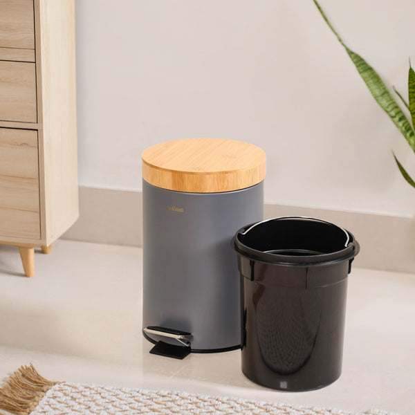 Modbin Bamboo Lid Metal Dustbin Grey 3000ml