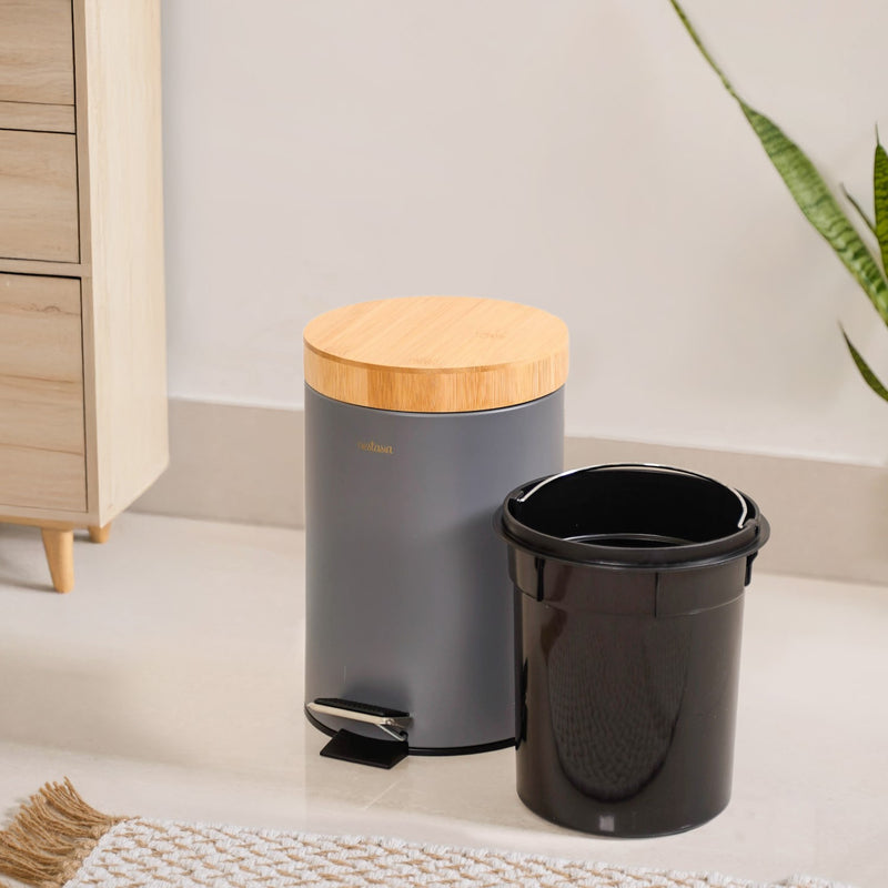 Bamboo Lid Metal Dustbin With Bucket Grey 3000ml