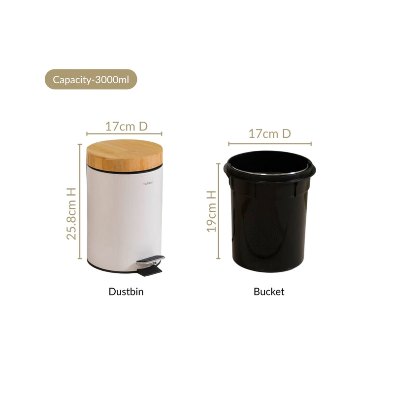 Bamboo Lid Metal Dustbin With Bucket White 3000ml