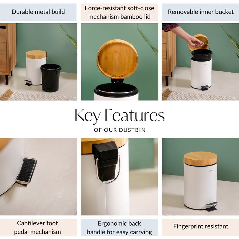 Bamboo Lid Metal Dustbin With Bucket White 3000ml