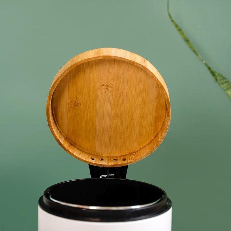 Bamboo Lid Metal Dustbin With Bucket White 3000ml