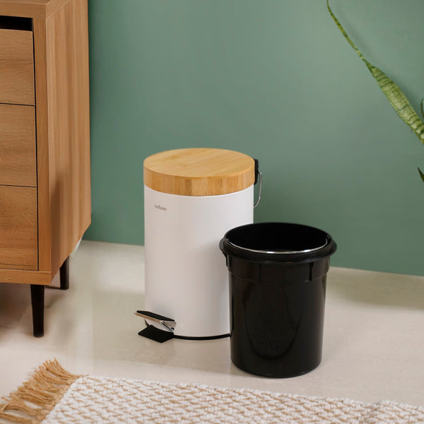 Modbin Bamboo Lid Metal Dustbin With Bucket White 3000ml