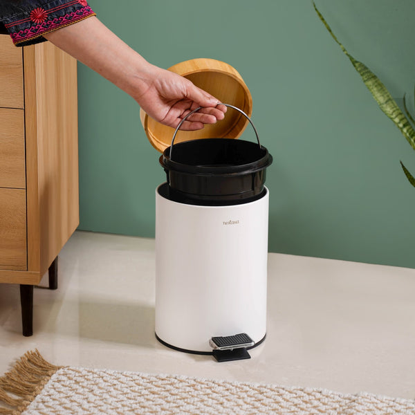 Modbin Bamboo Lid Metal Dustbin With Bucket White 3000ml
