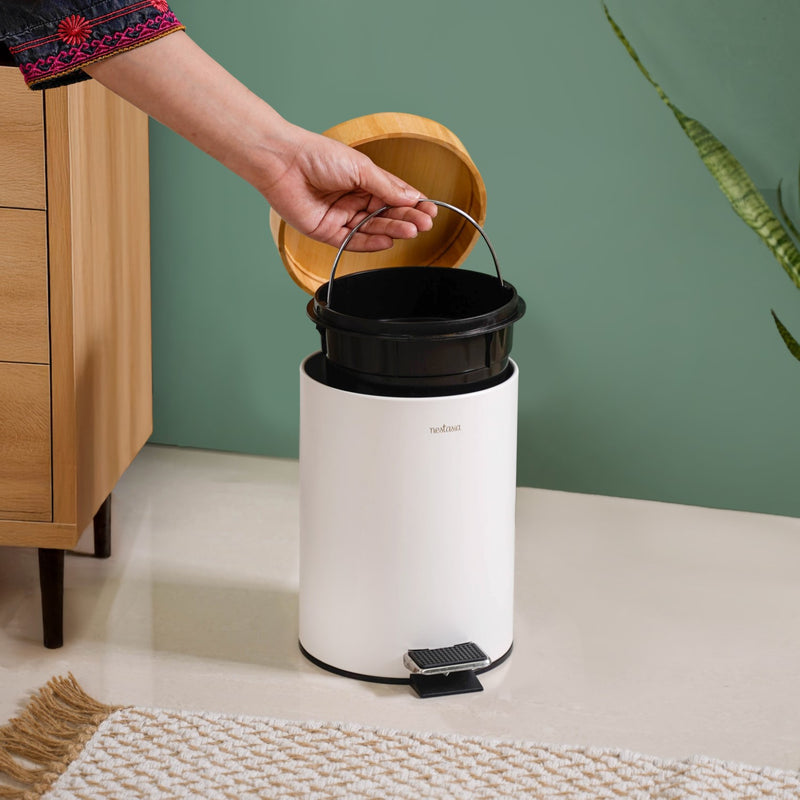 Bamboo Lid Metal Dustbin With Bucket White 3000ml