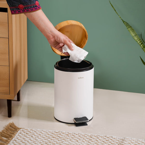 Modbin Bamboo Lid Metal Dustbin With Bucket White 3000ml