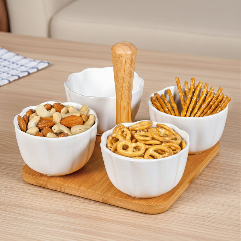 Bamboo Platter With Ceramic Bowls Set Of 5