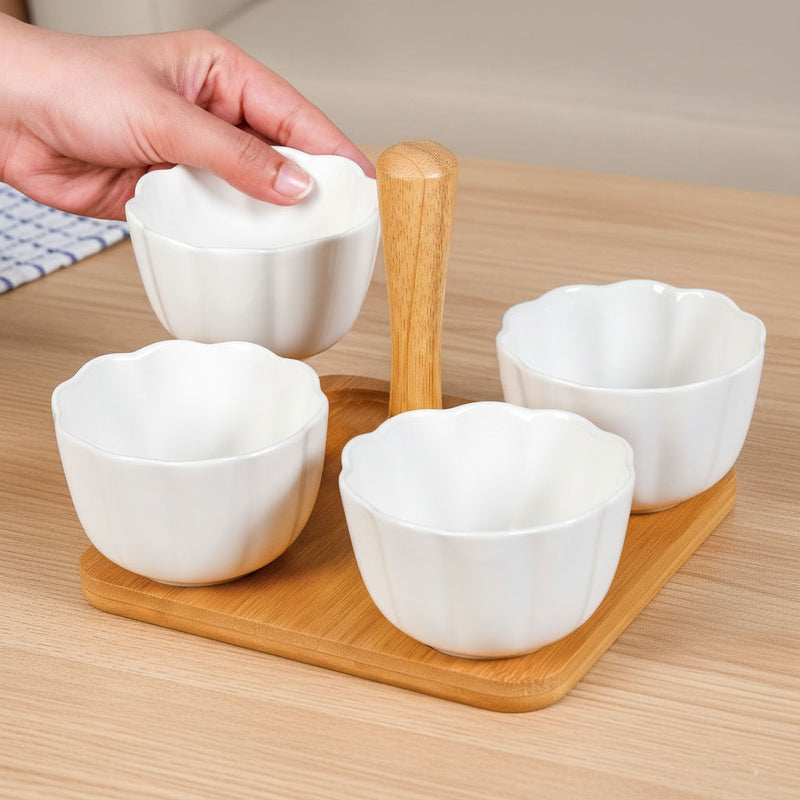 Bamboo Platter With Ceramic Bowls Set Of 5
