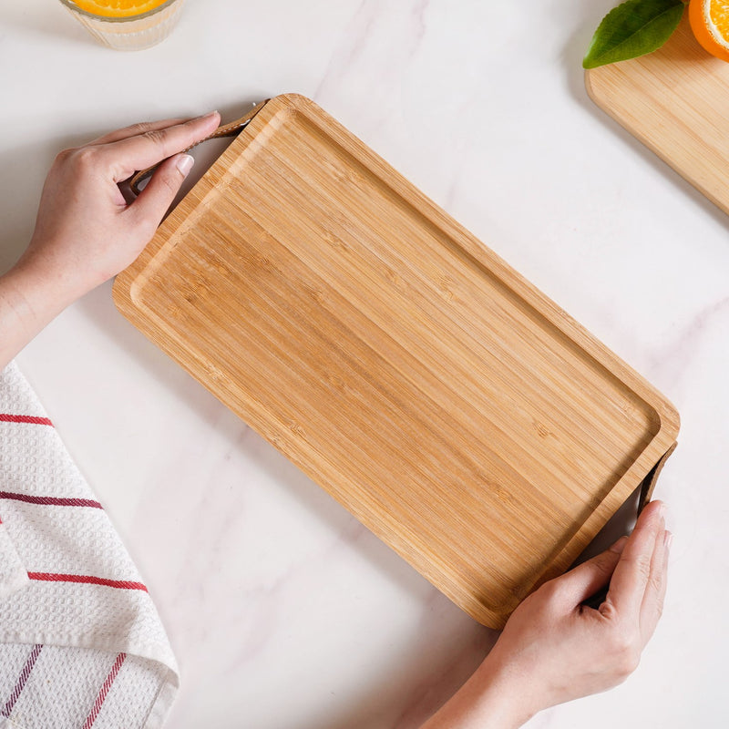 Bamboo Tray With Leather Handles