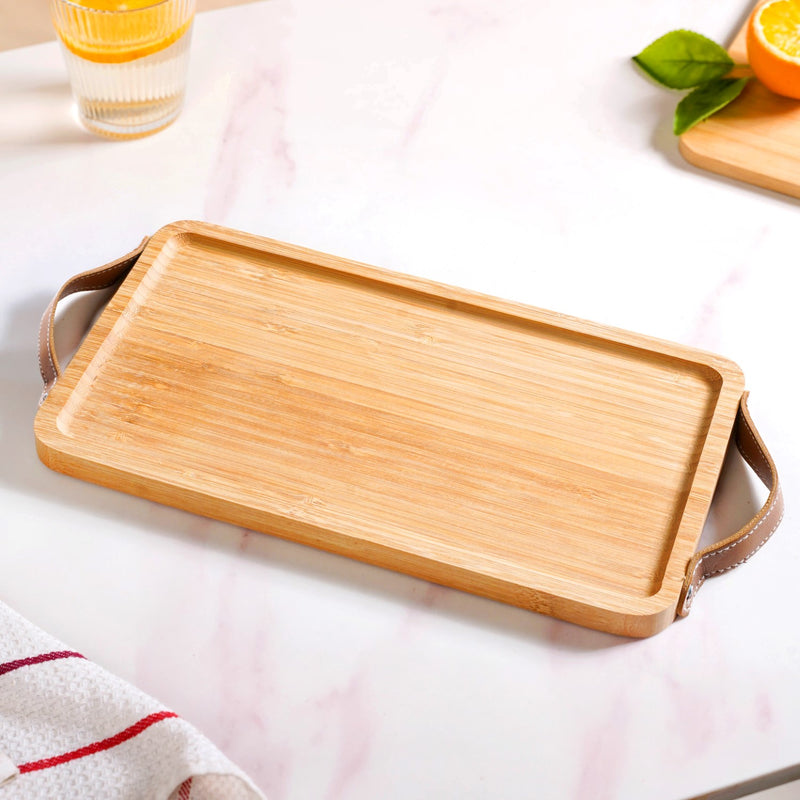 Bamboo Tray With Leather Handles
