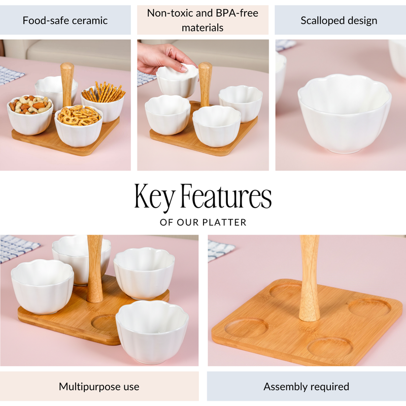 Bamboo Platter With Ceramic Bowls Set Of 5