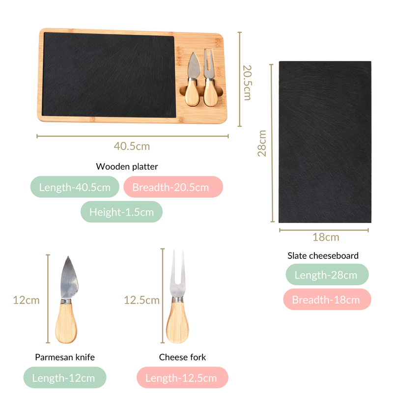 Bamboo Platter Set With Slate Cheeseboard And Cheese Cutlery